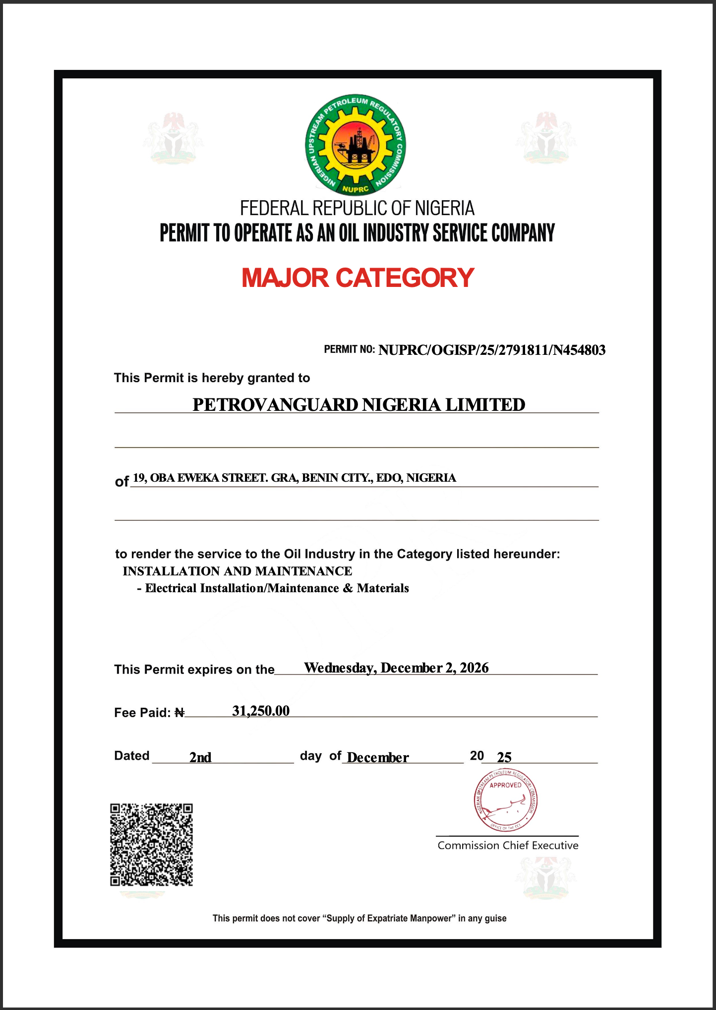 nuprc permit electrical installation