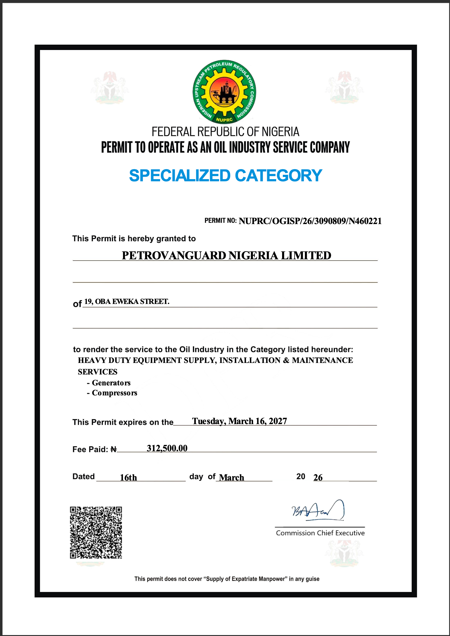 pnl nuprc permit generator compressor