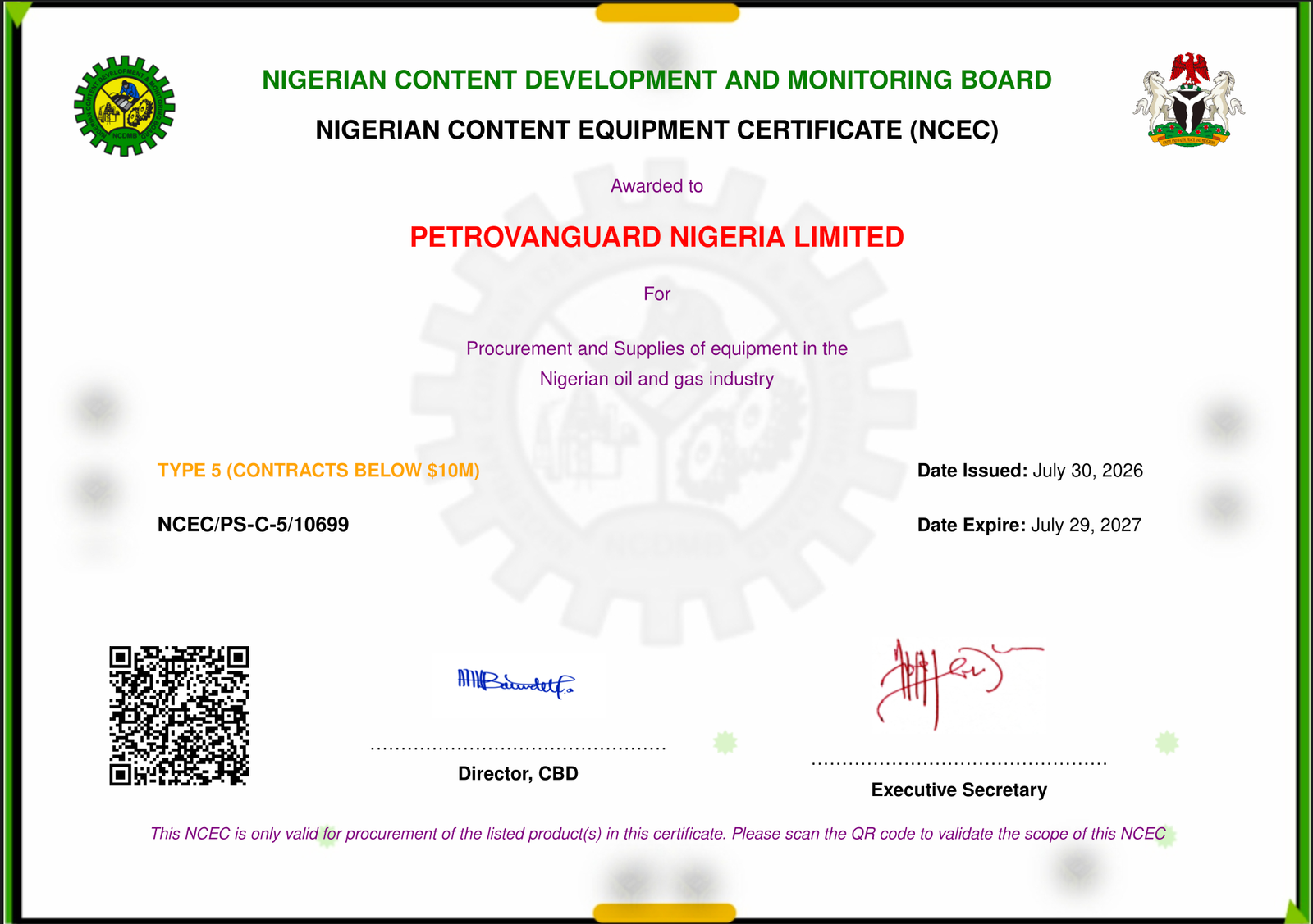 PNL-NCEC CERTIFICATE